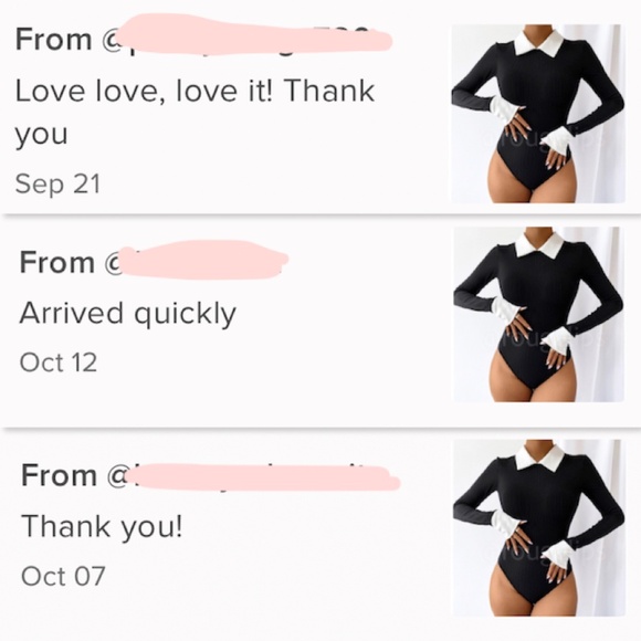 Black Bodysuit White Collar and Cuffs Ribbed Long Sleeve - Picture 9 of 10